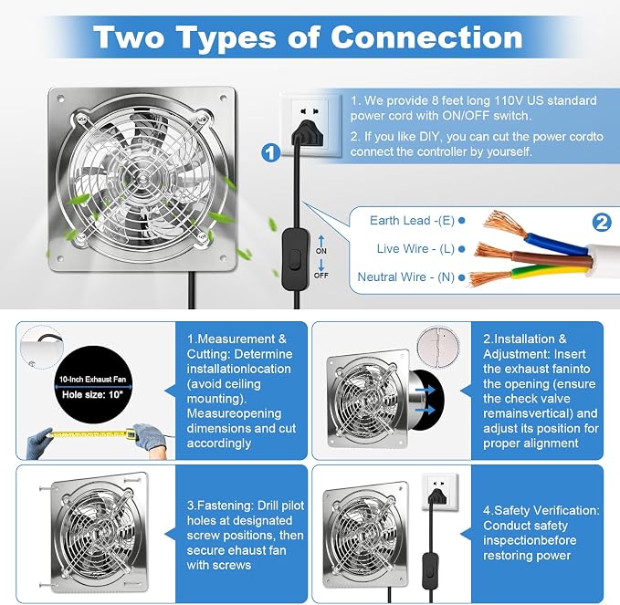 8-inch wall-mounted kitchen metal exhaust fan with switch, 382-576CFM, portable installation, with return air valve, suitable for attic, garage, bathroom, office, basement ventilation, silver
