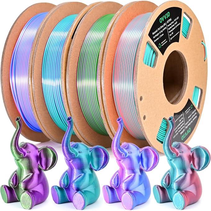 OVV3D 3D Printer Filament, PLA Filament 1.75mm Bundle, Dual Color Filament, Coextrusion 3D Filament, Silk PLA, 3D Printing Filament +/-0.02mm, 200g X 4 Spool