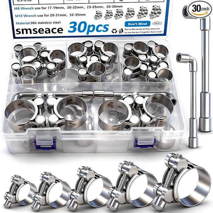 smseace 30Pcs 17-35mm T-bolt Hose Clamps 304 Stainless Steel 6-sizes Heavy Duty T bolt Hose Clamps with M8 and M10 Socket Wrenches