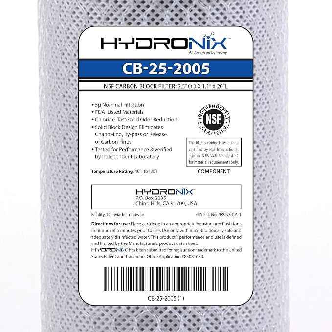 Hydronix HX-CB-25-2005/3 Universal Nsf Coconut Activated Carbon Block Water Filter, 2.5 inch x 20 inch - 5 Micron, White