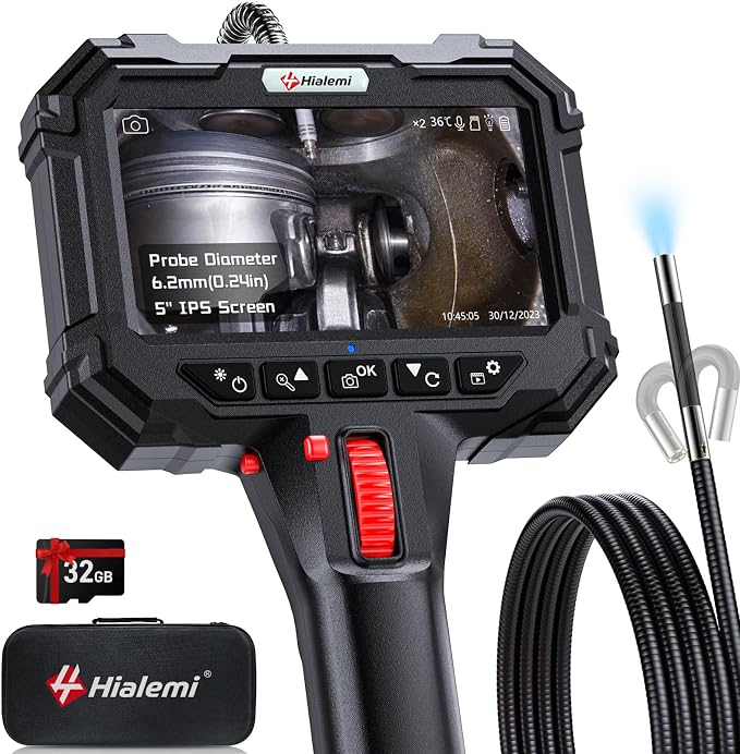 Two-Way Articulating Borescope with Light, 1080P Industrial Endoscope Inspection Camera with Flexible Articulated Probe, 5" IPS Screen, IP67 Waterproof for Engine Aircraft Automotive-5FT