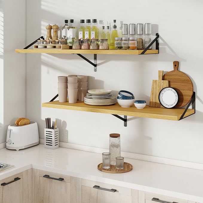 Floating Shelves 12 Inch Deep, 48W x 12D Wall Shelf Set of 2, 70 lbs Heavy Duty Reversible Metal Brackets, Deep Industrial Book Shelf for Living Room Kitchen Bath Bedroom Coffee Bar, Oak