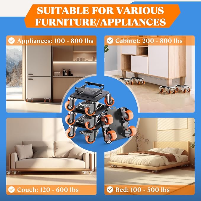 Furniture Movers with Wheels, Upgraded Guardrails for No Slips, Heavy Duty Furniture Dolly, Furniture Sliders with Wheels, Furniture Lifter Tool Included (Orange, 6.3" × 6.3" Pro Max)