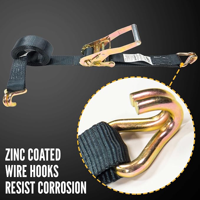 US Cargo Control J Hook Ratchet Straps 2 Inch x 18 Foot (4-Pack), 10,000 LBS Break Strength, 2 Inch Ratchet Straps with Double J-Hooks, Heavy Duty Black Tie Downs for Trucks, Trailers, Securing Cargo
