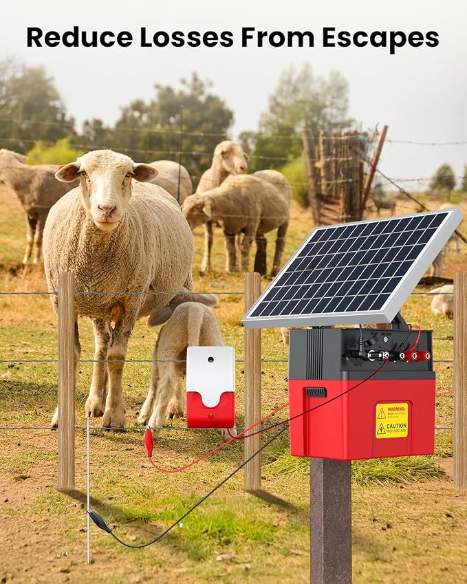 Solar-Powered Electric Fence Charger with Alarm,1.2 Joule Output, Up to 20 Miles Coverage,12000mAh Battery &10W Solar Panel Energizer for Livestock & Predator Deterrence