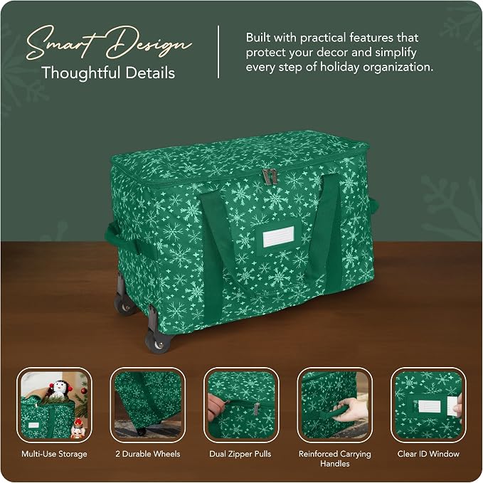 Covermates Keepsakes Rolling Treasurekeeper Storage Bag – Heavy-Duty Polyester with Dual Wheels & Handles – Protects Holiday Decorations with ID Window & Dual Zipper Access, Green Snowflake