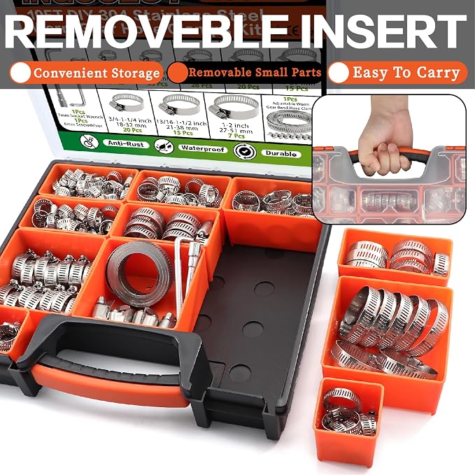 185Pcs Stainless Steel Hose Clamps Assortment Kit 1/4"to 2"(6-51mm)+10FT Metal Strap+8Pcs Fasteners Adjustable Worm Gear Hose Clamps for Automotive/Garden/Water Pipe/Sprinkler Line/Fuel Line