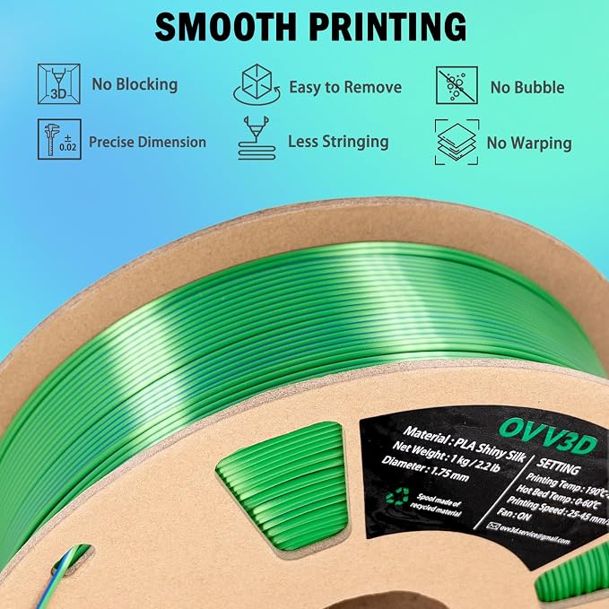 OVV3D PLA Filament 1.75mm, Silk PLA Dual Color Blue Green 3D Printer Filament, High Speed 3D Printing Filament，Silk Blue Green Filament 1.75mm+ /- 0.02mm，1 kg