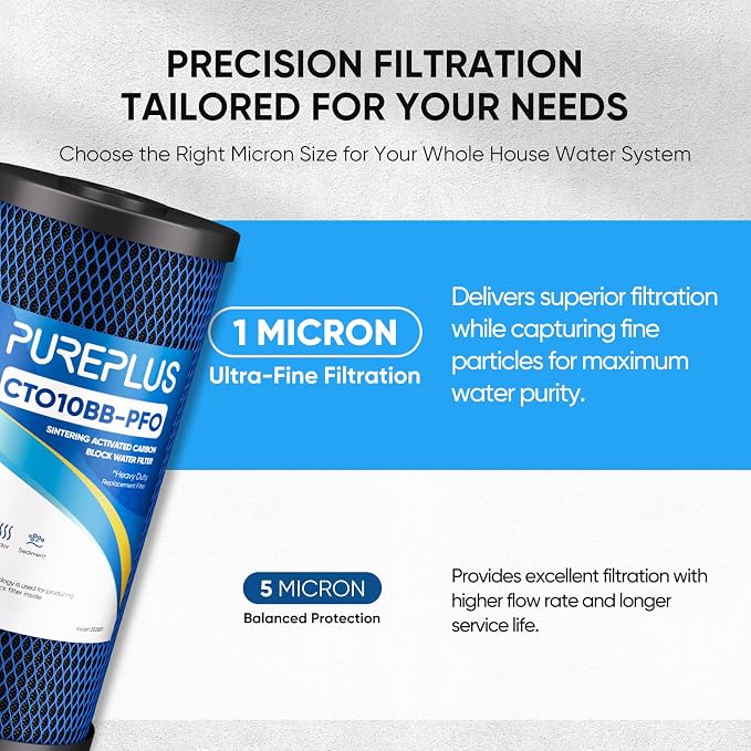 PUREPLUS 1 Micron 10" x 4.5" Whole House PFAS Removal Replacement Water Filter, Coconut Shell Activated Carbon Filter, Compatible with WFHDC8001, GXWH40L, GXWH35F, CB-BB-10, CTO10BB, 1 PACK
