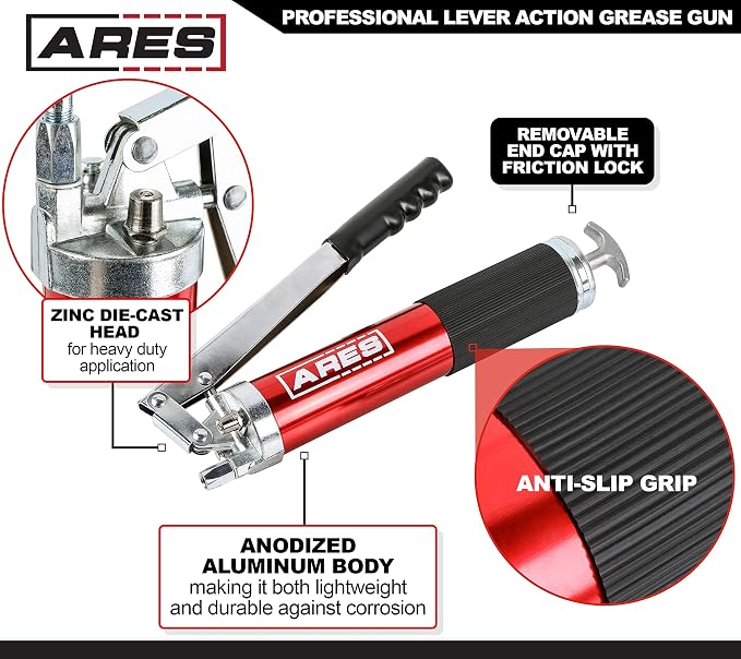 ARES 53013 – Professional Lever Action Grease Gun - 400cc Bulk and 14 Ounce Cartridge Loading - 4500 PSI Working Pressure Rating – 18-Inch Flex Hose and 6-Inch Offset Extension
