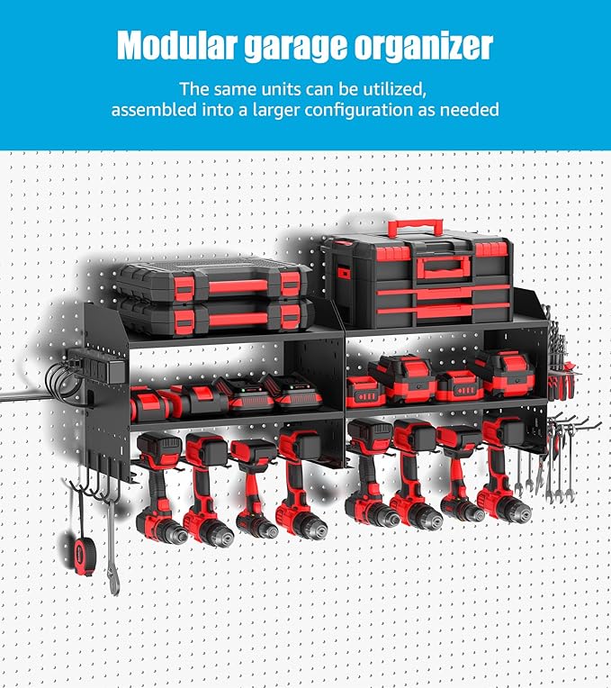 CCCEI Modular Power Tool Organizer Wall Mount with Charging, Black, 1 Pack | Drill & Battery Storage Rack with Peg Hooks, Garage Workshop, Gifts for Men, Husband, Anniversary, Birthday