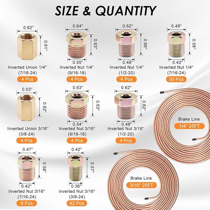 3/16Inch + 1/4 Inch Brake Line Repair Kit, 2 Set 25FT 3/16 1/4 Brake Line with 102Pcs Fittings (Includes 8 Unions) and Double & Single Brake Line Flaring Tool Kit & Brake Line Bender(Gold)