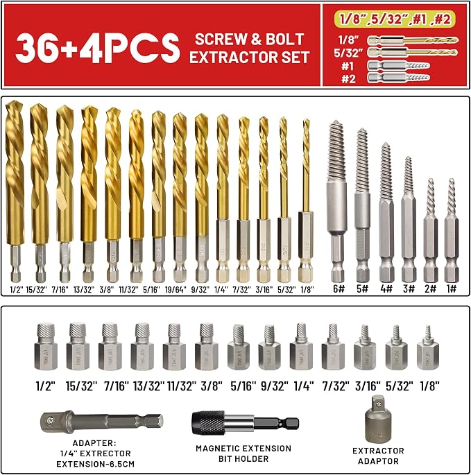 40Pcs Screw Extractor Set, Left Hand Drill Bit Set 6542/4341 HSS, Easy Out Bolt Extractor Set with Hex Adapter, Multi-Spline Stripped Bolt Remover for Broken Rusted Nuts Screws, Bolts, Studs