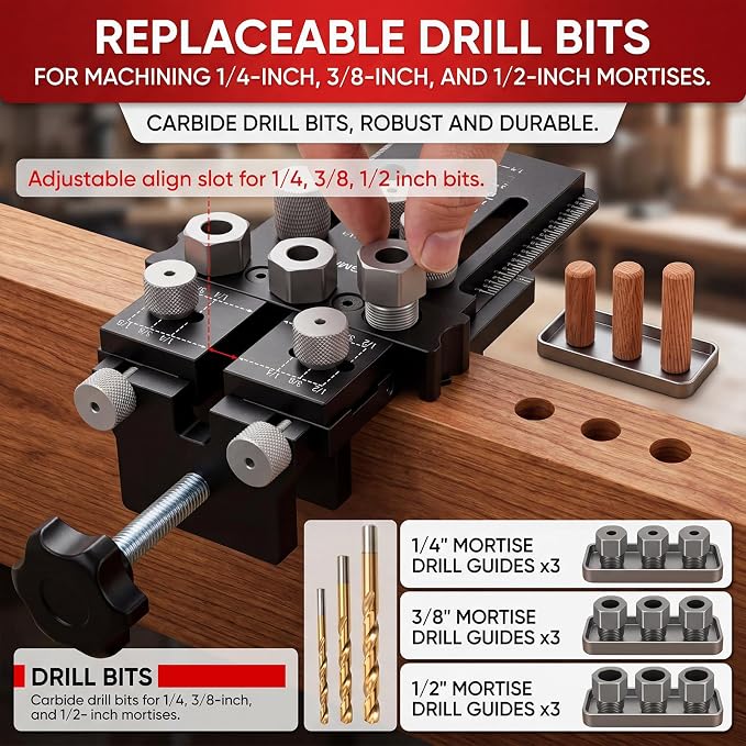 Dowel Jig Kit, Self-Centering Doweling Jig with Quick-Stop Clamp, Adjustable Drill Guide for Straight Dowel Holes, 1/4", 3/8", 1/2" Bushings for Woodworking, Cabinet & Furniture Joints