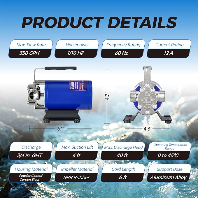 12V Portable Electric Water Transfer Pump Self-Priming Utility Pump with On/Off Switch and Suction Hose Kit for Home RV Camper Swimming Pool Aquarium Garden Irrigation