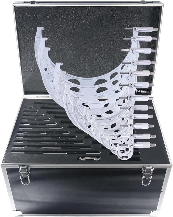 Accusize Industrial Tools 0-12'' by 0.0001'', 12 Pcs Ultra-Precision Outside Micrometers Set with Carbide Tips, Eg00-0912 | Carbide Tipped M-Type Micrometers With Ratchet, Lock Nut, Standards and Wrenches, Solid Case, EG00-0912
