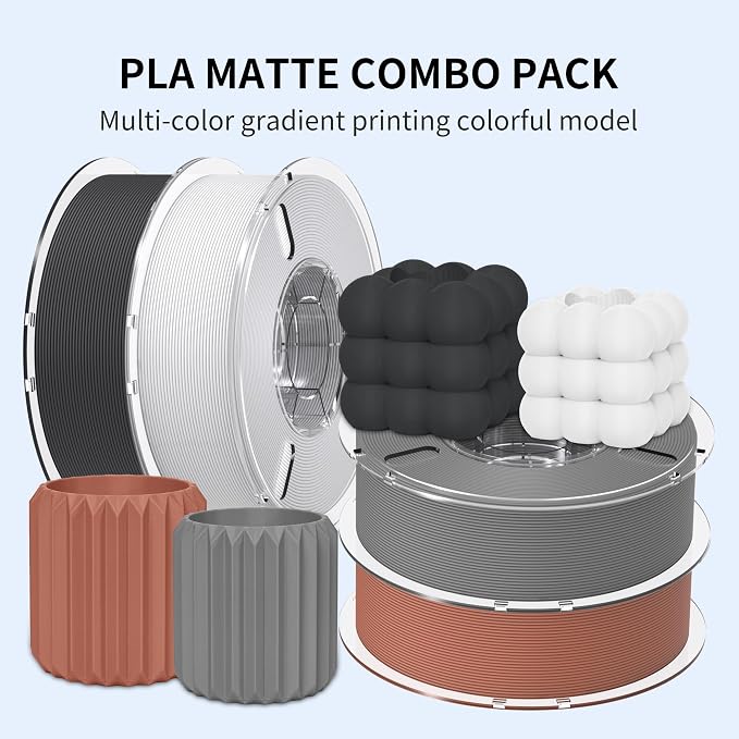RAMBERY Matte PLA 3D Printer Filament Bundle 4KG, Matte Smooth Finish PLA Filament 1.75mm, Individually Vacuum Packed, 1kg(2.2lb) X4PCS, Black/White/Cement Gray/Cocoa Brown