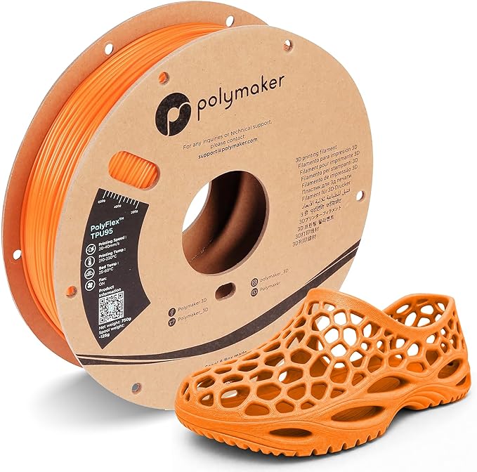 Polymaker TPU Filament 1.75mm Orange, 0.75kg Shore 95A Flexible 3D Printer Filament 1.75mm - PolyFlex TPU95 3D Printing TPU Filament 0.75kg Orange Soft Flexible Filament