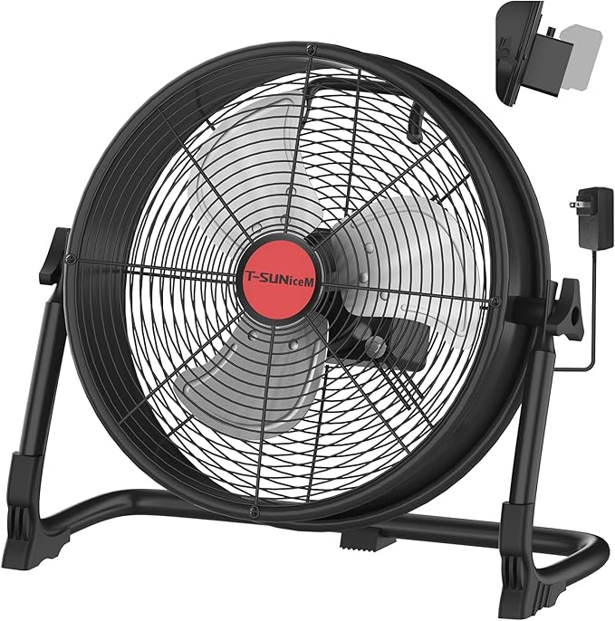 12" Battery Operated Floor Fan Compatible with Milwaukee M18 18V Battery, Portable Fan with AC Adapter and USB Output, Metal Industrial High Velocity, Stepless Speed Cordless Fan for Jobsite Garage
