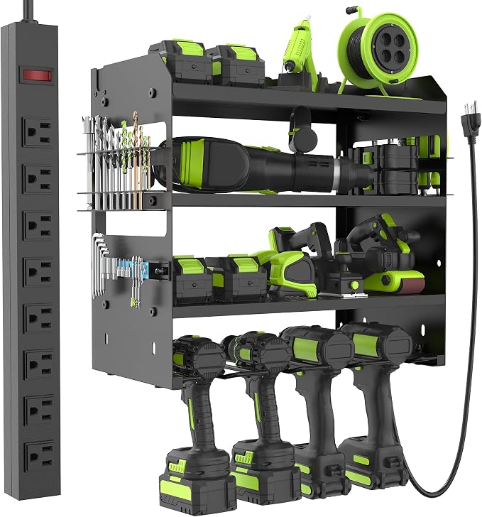 HUPBIPY Modular Power Tool Organizer Wall Mount Drill Holder Garage Shelf | 4 Layer Heavy Duty Rack with Charging Station Drill Holders and Magnetic Tool Holder Strip Tool Battery Holder Gift for Men