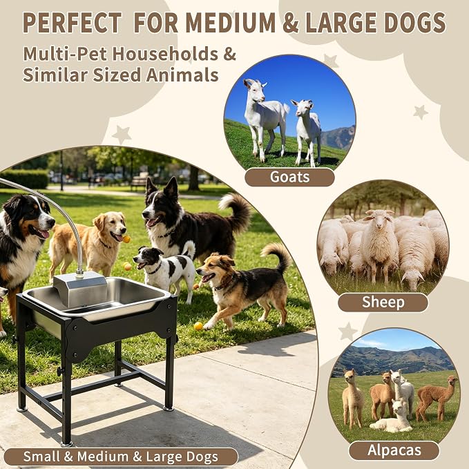 YUEPET 3Gal Automatic Dog Water Bowl Dispenser for Large Dogs, Height Adjustable Elevated Dog Water Bowl, Stainless Steel Pet Waterer with Float Valve, Outdoor Non-slip Water Bowl for Dogs Sheep Goats
