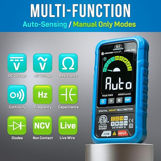 Jonard Tools AMM-600 Automatic Intelligent Digital Multimeter ETL Certified 4000 Counts TRMS, Test A/C D/C Voltage, Resistance, Continuity, Frequency, Capacitance, Diode, NCV, and Live Wire, 600V