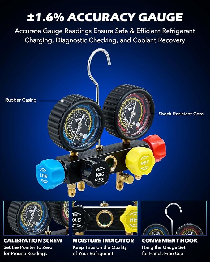 Orion Motor Tech AC Vacuum Pump and Gauge Set, 1/3 hp 4 cfm Vacuum Pump Manifold Gauge Kit with Leak Detector 4 Hoses & Accessories for R134a R22 R410a, A/C Vacuum Pump Kit for Auto HVAC Systems