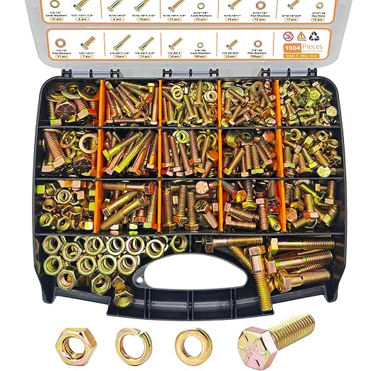 1004PCS Grade 8 Assorted Nuts and Bolts Kit, SAE Size 1/4-20, 5/16-18, 3/8-16, 1/2-13 Bolt Assortment