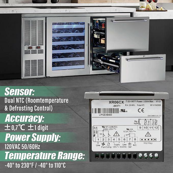 Replacement for Dixell XR06CX-4N1F1 Temperature Controllers, Ideal for 120V 50-60hz Commercial Refrigerators/Freezer, Digital Thermostat with Sensor Probe & Mounting Hardware