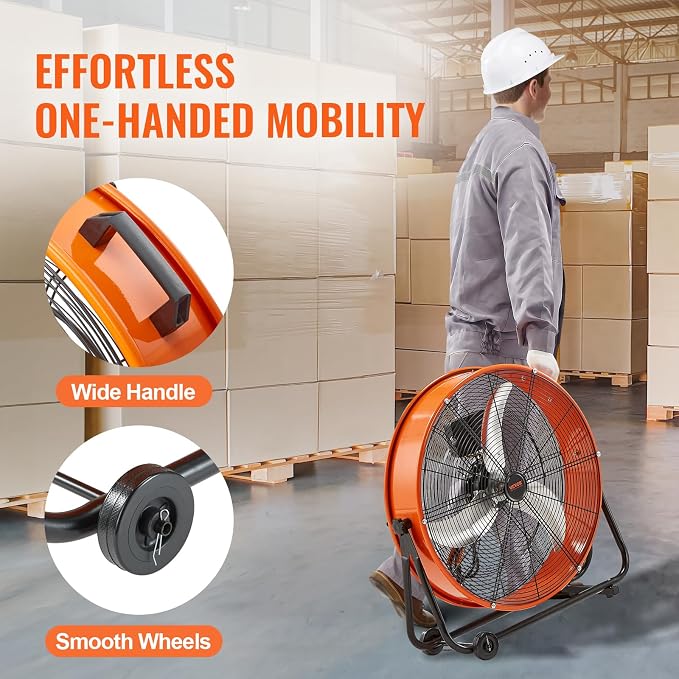 VEVOR 24" Industrial Drum Fan, 8700 CFM High Velocity Floor Fan with 3-Speed Control, 360° Tilt & 0-2h Timer for Warehouse, Workshop, Factory, Basement