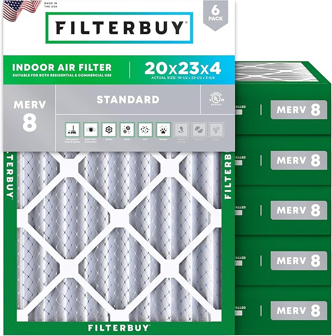 Filterbuy 20x23x4 Air Filter MERV 8 Essential Dust & Allergy Defense (6-Pack), Electrostatic Pleated HVAC AC Furnace Filters Replacement, Made in USA (Actual Size: 19.50 x 22.50 x 3.63)