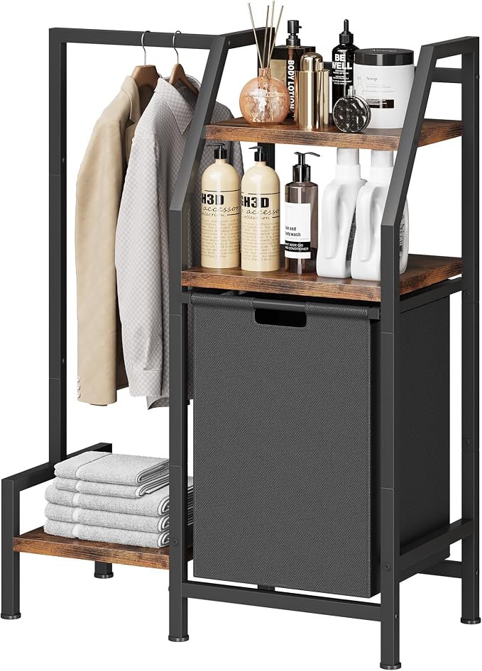Laundry Hamper with Hanging Rack and 3 Shelves, Large Laundry Storage Basket, 3-in-1 Vertical Laundry Sorter, Laundry Room Organizer Storage for Small Spaces