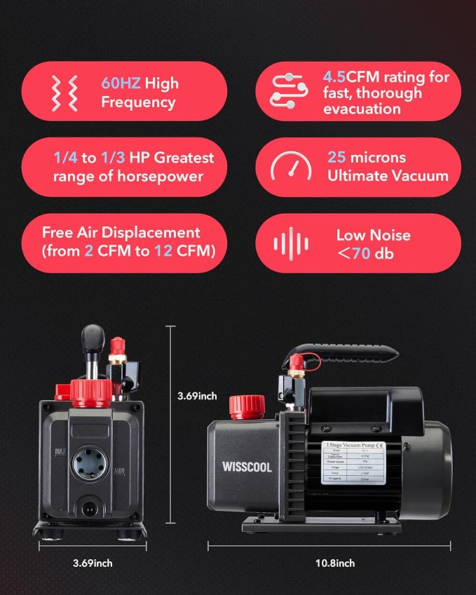 Wisscool 4.5cfm AC Vacuum Pump 4 Way Gauge Set, 110V 1/3 hp HVAC Air Vacuum Pump Manifold Gauge Kit with 4 Hoses Adapters Accessories Carry Bag for R410a R134a R22 Refrigeration Recharging