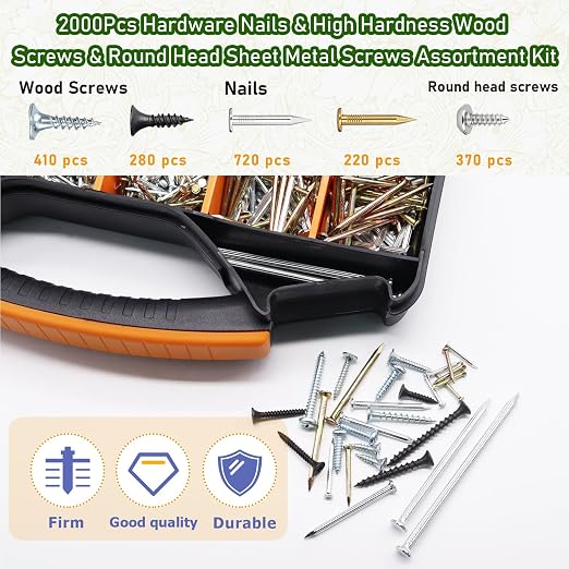 2000Pcs Hardware Nails & High Hardness Wood Screws & Round Head Sheet Metal Screws Assortment Kit,Phillips Drive Flat Head, Wood Screws,Galvanized,Picture Hanging,Wood,Common Nails with Storage Box