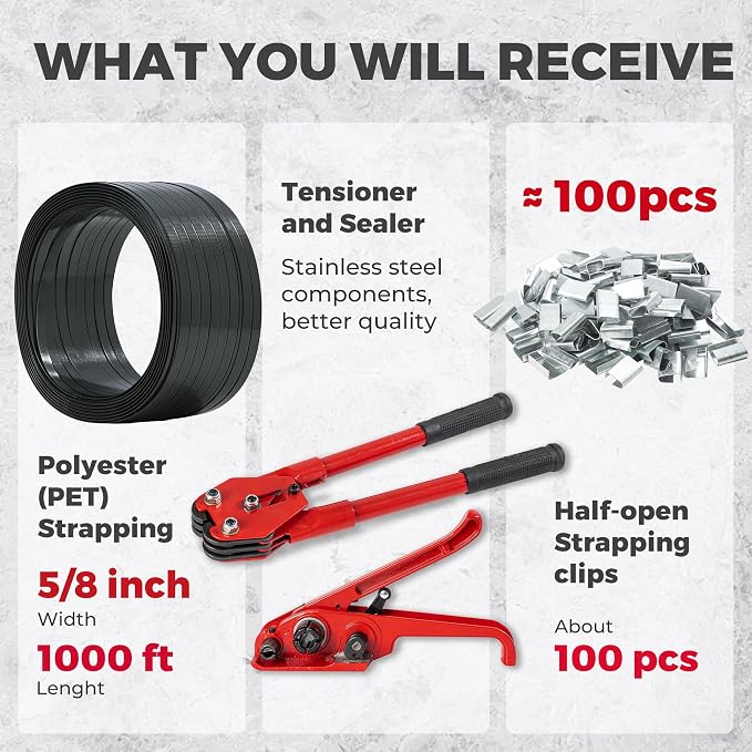 Pallet Strapping Kit with Tools - 5/8" x 1000' Heavy-Duty Black PET Strapping, Tensioner & Sealer, 100 Metal Seals for Securing, Shipping & Bundling | Industrial-Grade Polyester Banding Set