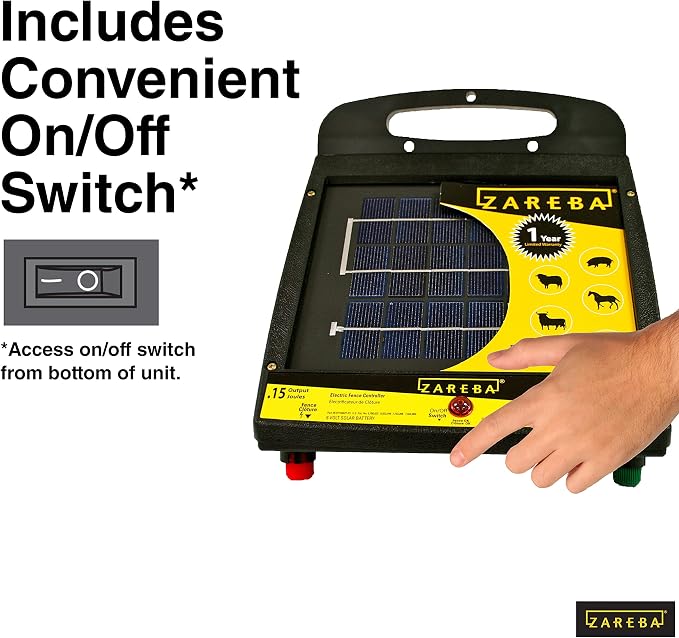 Zareba Solar Powered Electric Fence Charger - 10 Mile Low Impedance Fence Energizer for Cattle, Horses, Goats, & Livestock, 0.15 Output Joules, Built-in Mounting Bracket for Posts, ESP10M-Z