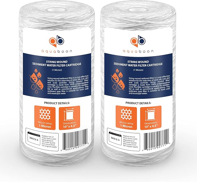 Aquaboon 1 Micron String Wound Water Filter 10x4.5 Replacement - Whole House Water Filter Cartridge Compatible with WP5BB97P,WP10BB97P, AP810, 2-Pack