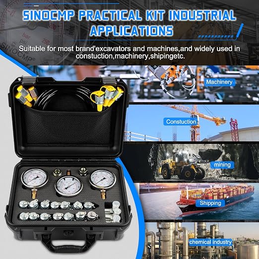 Hydraulic Pressure Gauge Test Kit with 3 Gauges 25/40/60MPa, 16 Straight Connectors, 3 Tee Connectors, 3 Test Hoses 64.5IN, Construction Machinery Excavator Hydraulic Tester Kit