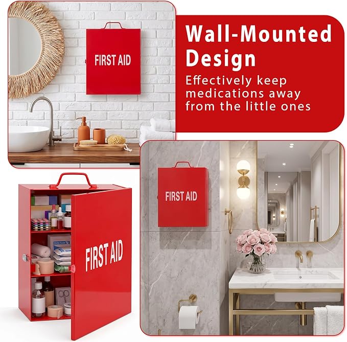 Timgle 2 Pcs First Aid Kit with Lock 3 Shelf Wall Mount Medicine Cabinet with Key Lock Handle Locking Medical Cabinet Lightweight Medium Wall Organizer Steel Storage Box for Business Worksite (Red)
