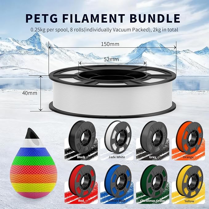 PETG Filament 1.75mm 250G*8, 3D Printer Filament Bundle, High Strength & Tangle-Free, Dimensional Accuracy +/- 0.03mm, Easy to Use, Fit for Most FDM 3D Printers, 0.25KG Spool, 8 Packs Bundle