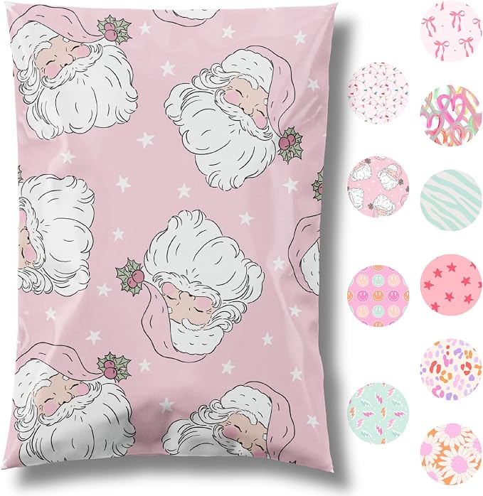 Pretty Package Store Poly Mailer 10x13, Pink Santa, 100 Pack | Heavy Duty, Waterproof, Self Seal, Tear Resistant, Shipping Bags for Small Business Packaging, Bulk Mailing Envelopes