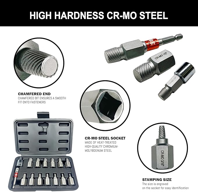 15PCS CR-MO Screw Extractor Set – 3/8" Hex Drive Multi-Spline Easy-Out Kit for Broken, Stripped, Rounded Screws/Bolts, Broken Bolt Remover，Includes Adapter & Blow-Molded Case (1/8"-1/2")