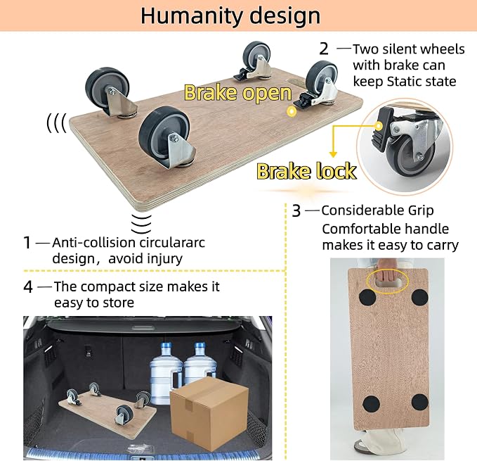 Furniture Dolly 4 Wheels, Furniture Movers, 2 Packs 2200 lb Load Capacity Heavy Duty Real Wood Dolly, Multifunctional Moving cart with 4 Soft Rubber Silent Wheels （2 with Brake+ 2 Without）