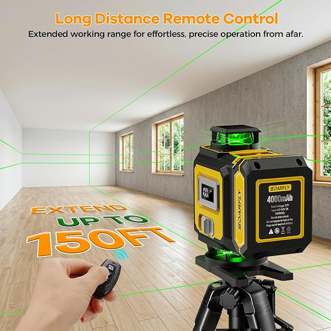 SOARFLY Laser Level with Tripod, 4x360° Self-Leveling Green Beam 4D Laser Level, Dual 4000mAh Lithium Batteries, Laser Level kit for Tile Installation, Framing, Picture Hanging & Home Renovation