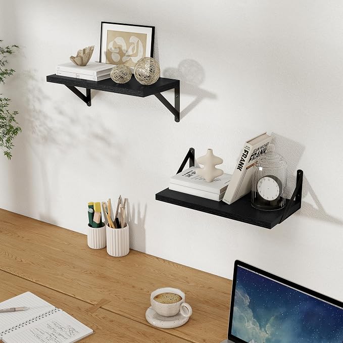 Floating Shelves 8 Inch Deep, 16W x 8D Wall Shelf Set of 2, 35 lbs Heavy Duty Reversible Metal Brackets, Industrial Book Shelf for Living Room Kitchen Bathroom Bedroom Gallery Wall, Black
