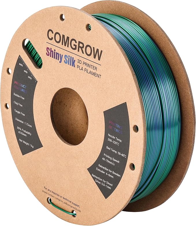 Comgrow Tri-Colors Silk PLA 3D Printer Filament, Rainbow PLA Filament 1.75mm, Dimensional Accuracy +/- 0.02 mm, 1KG Spool, Coextrusion 3D Filament with Shiny Silk Copper-Green-Purple