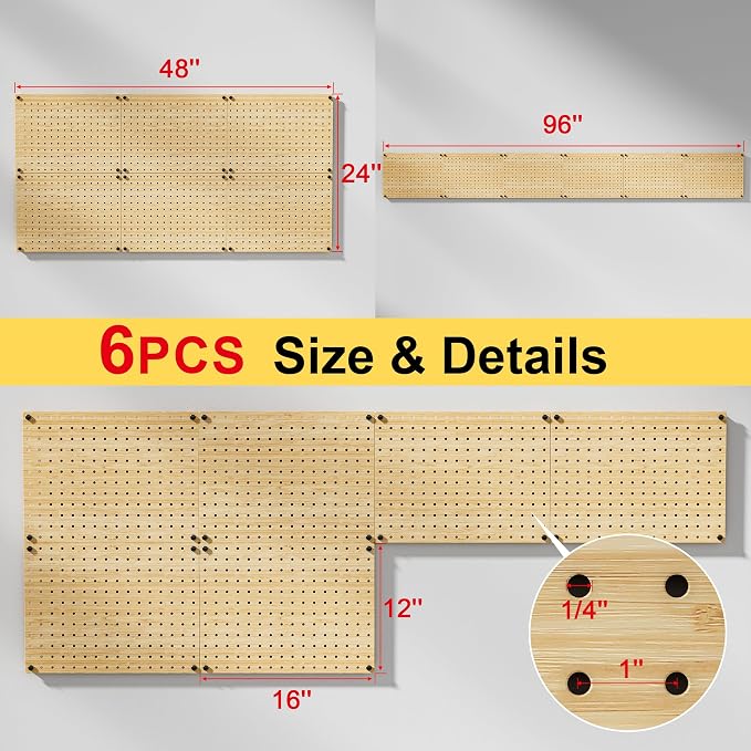 VOIMO Bamboo Pegboard Organizer Set, 6 Panels (16"x12") with 48 Hooks – Eco-Friendly Wall Mounted Storage Rack for Tools, Crafts & Office – Natural Bamboo Pegboard System with Accessories