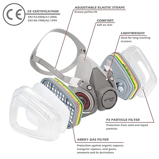 AirGearPro M-500 ABEK1-P2 Reusable Respirator Mask | Anti-Dust mask Ideal for Spray Painting, Sanding, Building work, DIY and more.