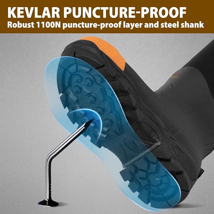 Rubber Work Boots for Men with Steel Toe, 400g Insulated, 1100N Puncture-Proof Hunting Boots with 7mm Neoprene Waterproof and EVA Midsole, Back Gusset, Ideal for Work,Farming Fishing Size 7-14