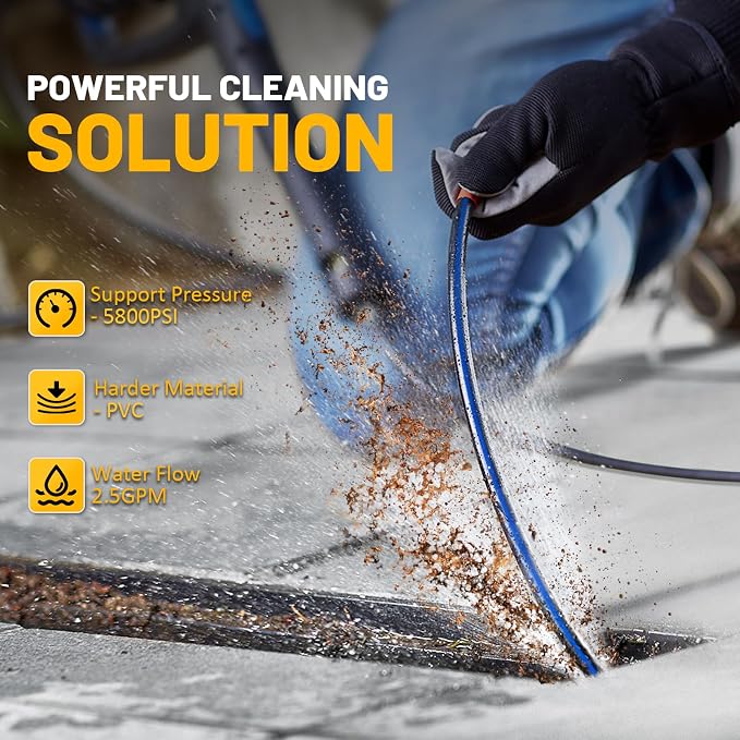 Sewer Jetter Kit for Pressure Washer 100ft – 5800PSI Drain Cleaning Hose 1/4" NPT Corner with High-Pressure Nozzles, Watering Spray Nozzle, Sewer Cleaning Tools & Easy-to-Store Strap